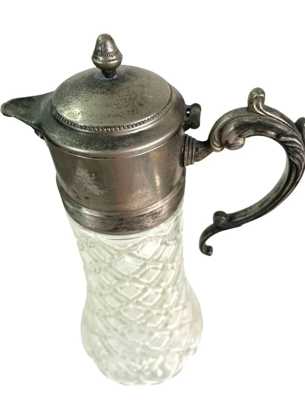 Vintage Glass Claret Carafe Pitcher Ewer Diamond Cut Silver Plate Lid Handle 14